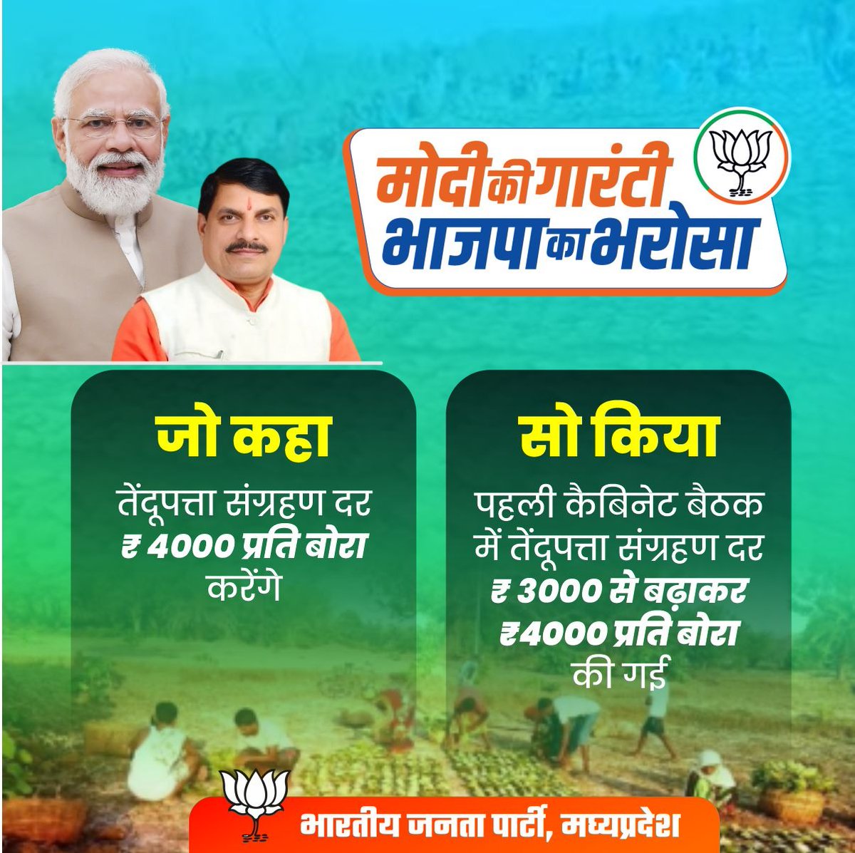 ‘जो कहा-सो किया’

प्रदेश सरकार द्वारा तेंदूपत्ता संग्रहण दर ₹3000 से बढ़ाकर ₹4000 प्रति बोरा की गई।