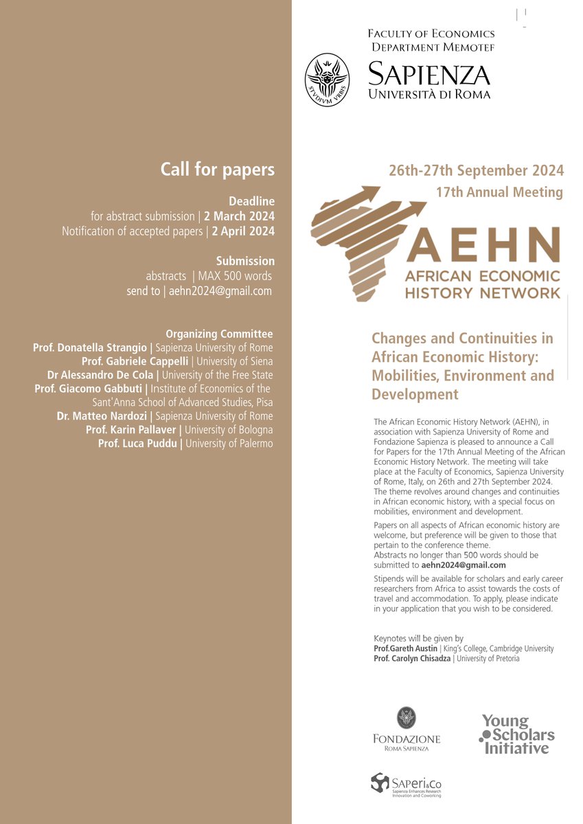 African Economic History Network (AEHN) (@afeconhis) on Twitter photo 📢Call for Papers: AEHN Meeting 2024, <a href="/SapienzaRoma/">Sapienza Università di Roma</a> , Rome, 26-27 September 2024.
Submit your abstracts until 2 March 2024. Limited number of stipends available for scholars from African universities.
👇🏿
aehnetwork.org/conference/ 📢Call for Papers: AEHN Meeting 2024, <a href="/SapienzaRoma/">Sapienza Università di Roma</a> , Rome, 26-27 September 2024.
Submit your abstracts until 2 March 2024. Limited number of stipends available for scholars from African universities.
👇🏿
aehnetwork.org/conference/