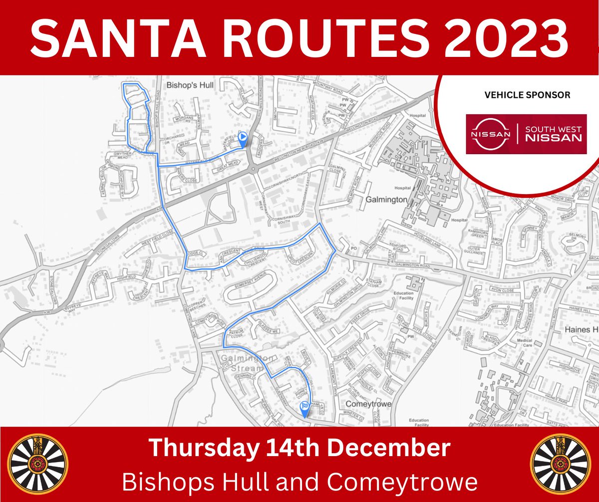 ‼️❄️ For the last time this year ❄️‼️

🎅 Santa and his elves are visiting Bishops Hull at 6pm, and Comeytrowe immediately after!

Thanks to <a href="/NissanSouthWest/">South West Nissan</a> for supplying the towing vehicle free of charge over Christmas 👏