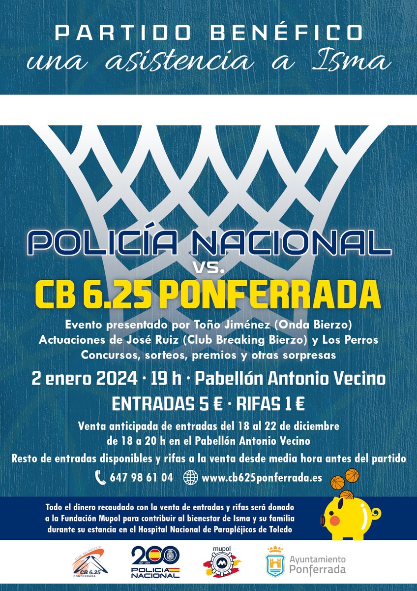 CB625Ponferrada's tweet photo. 🆕 El #CB625 y la @policia darán «una asistencia a Isma» en un partido benéfico el día 2 de enero en el Pabellón Antonio Vecino. La recaudación se donará íntegramente a la campaña solidaria de la Fundación Mupol.
ℹ️ https://t.co/JyFPsGvhHd
#⃣ #unaasistenciaaIsma https://t.co/HuT3oz618Q