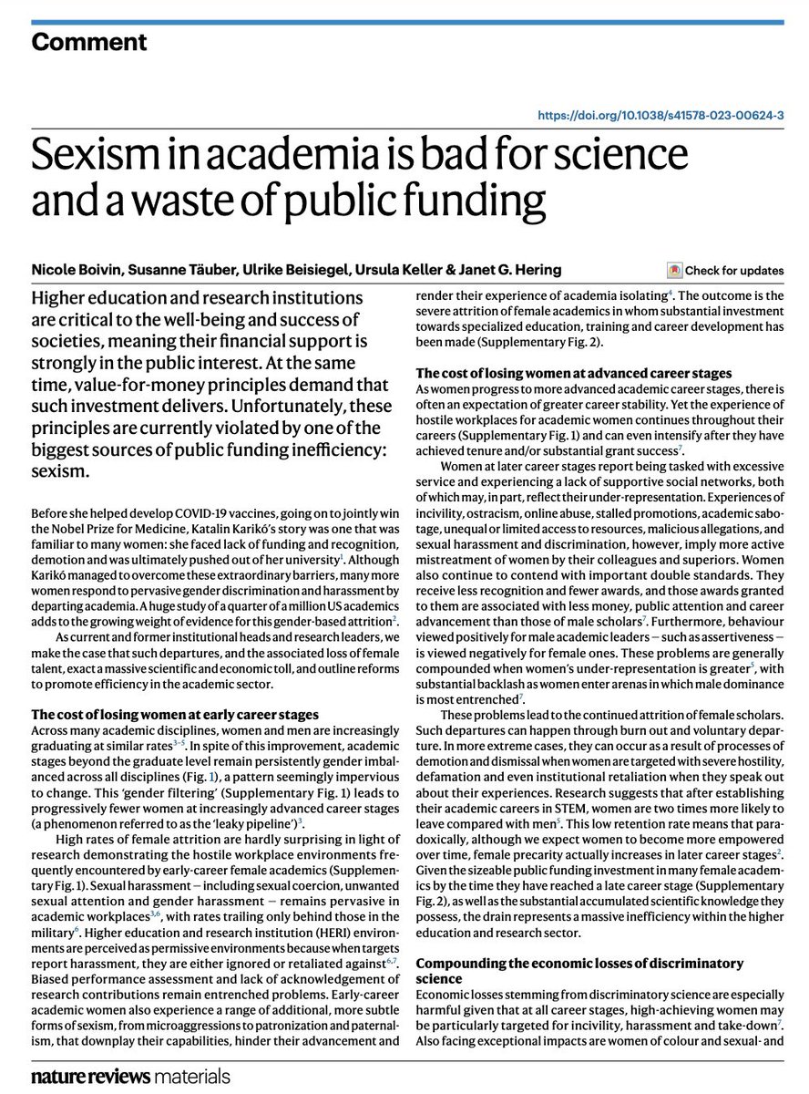 Sexism in academia is bad for science Why are there high rates of female attrition across career stages - Hostile workplaces? Biased performance assessments? Inequity in workloads? All of the above & more A great piece and one that hit’s home #AcademicChatter