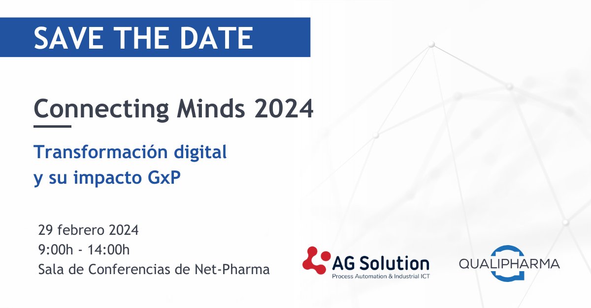 📅 SAVE THE DATE: Connecting Minds 2024: "Transformación digital y su impacto GxP". 29 febrero 2024 🧠 
📢 En enero compartiremos los detalles del evento, los ponentes y el formulario de registro. El aforo será limitado💙
#ConnectingMinds2024 #transformacióndigital #calidad #GxP