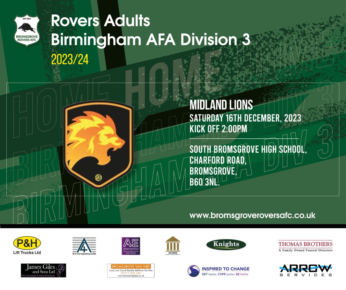 📢Rovers Adults Fixture News⚽️
 This Saturday @Rovers2020 Adults Host <a href="/midlandlionsfc/">Midland Lions</a> in a Bham league Div 3 Fixture 
📅 – 16th Dec 
⏰ - KO: 2:00pm
🏟️-South Bromsgrove High school Charford Road,Bromsgrove,B60 3NL 
#greenarmy #thereisonlyonerovers #theboysarebackintown