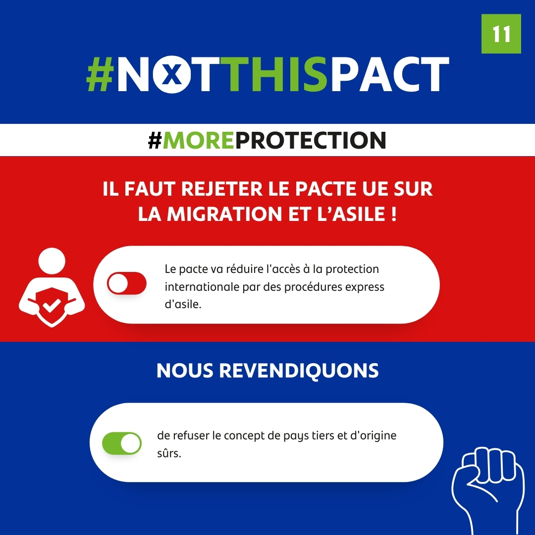 cncd111111's tweet photo. Le pacte 🇪🇺 sur l'asile et la migration va réduire l'accès à la protection internationale par des procédures express d'asile.
❌Plusieurs organisations de la société civile refusent le concept de pays tiers et d'origine sûrs.
👉https://t.co/QhUcsQQNjS
#NotThisPact #MoreProtection https://t.co/fJySOXa8yV