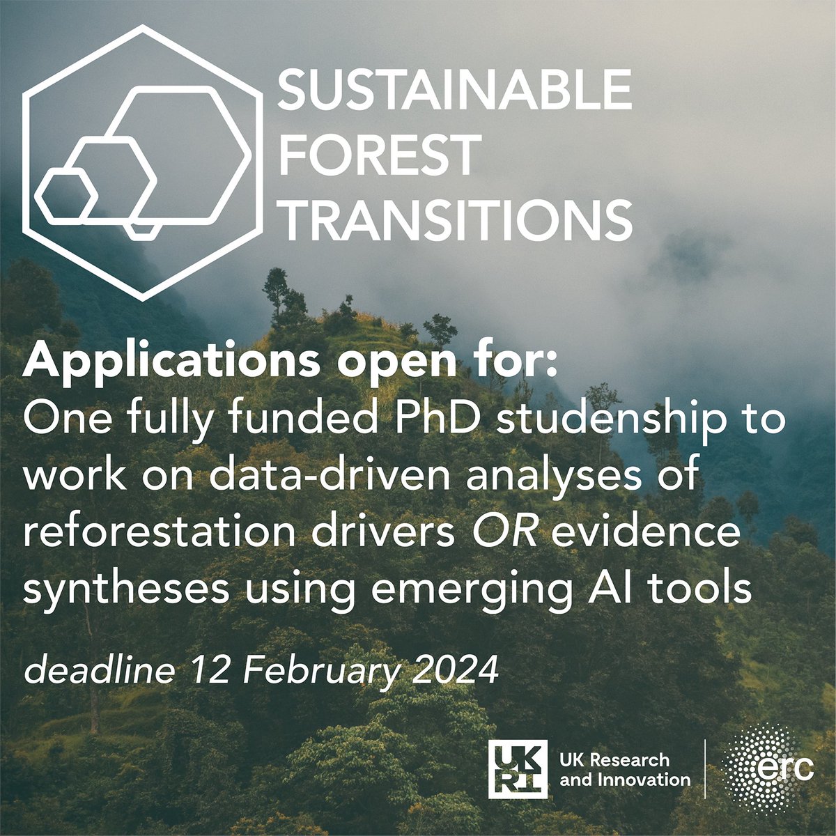 🚨 Interested in #ForestRestoration, #Data, #CausalInference and/OR #EvidenceSynthesis? Consider applying for this #PhD studentship with our #SustainableForestTransitions team 🚨 Fully funded and open to international students. For more info tinyurl.com/yxsafn79