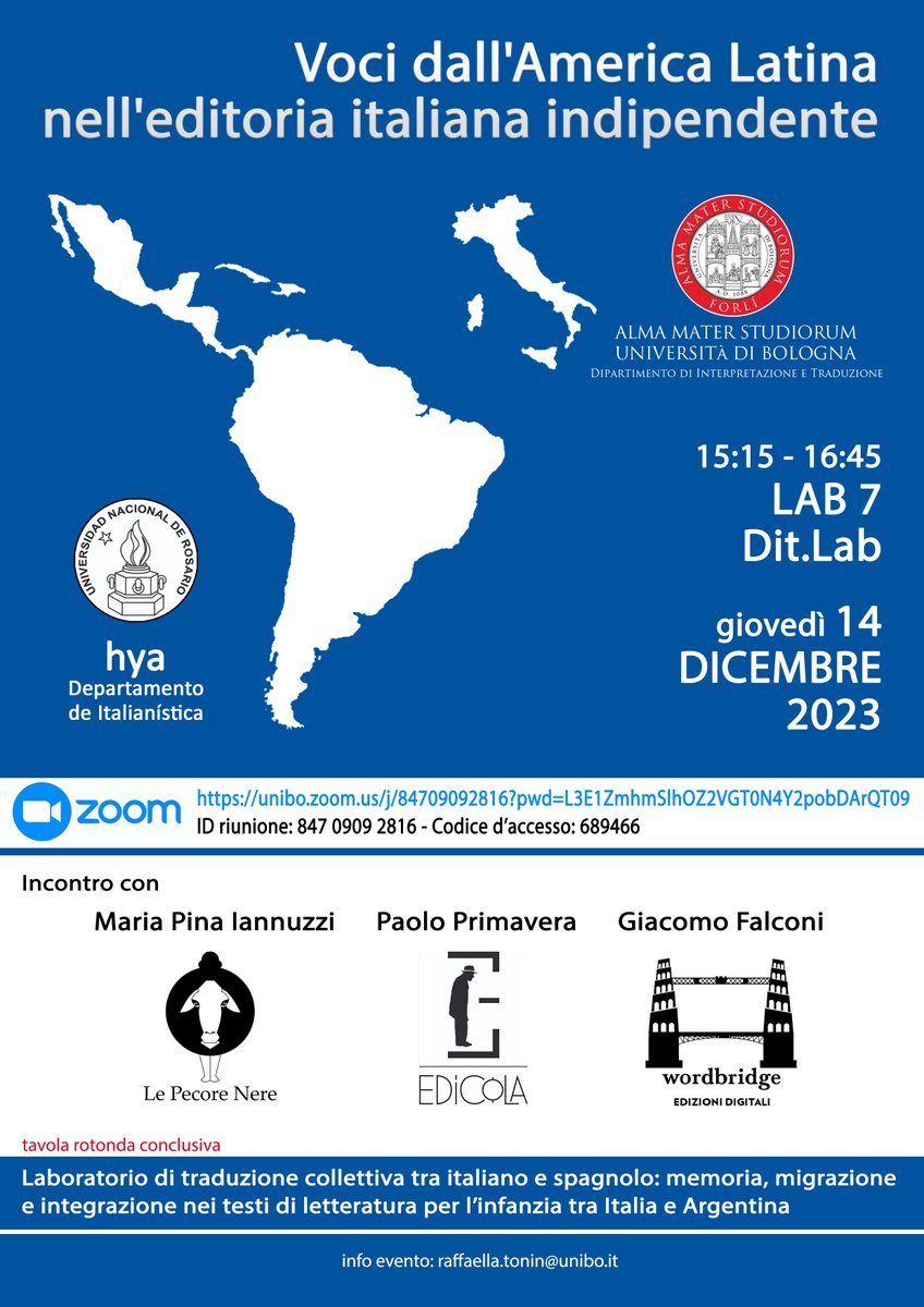 AdilliComunica's tweet photo. #14dicembre
ore 15-17 Voci dall'America Latina nell'editoria italiana indipendente
Si conclude il "Laboratorio di traduzione collettiva tra italiano e spagnolo" dir. da R.Tonin @UNBO M.Maggi @UNRoficial
Interviene F Ferroggiaro socio #ADILLI e Departamento de #Italianística #UNR https://t.co/jTo6ogPJxR