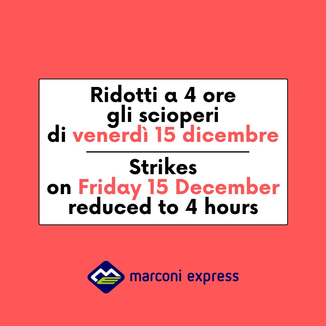 🔴 Ridotti a 4 ore gli scioperi di venerdì 15 dicembre
🔴 Strikes on Friday 15 December reduced to 4 hours

Read more ➡️ marconiexpress.it/annuncio-sciop…