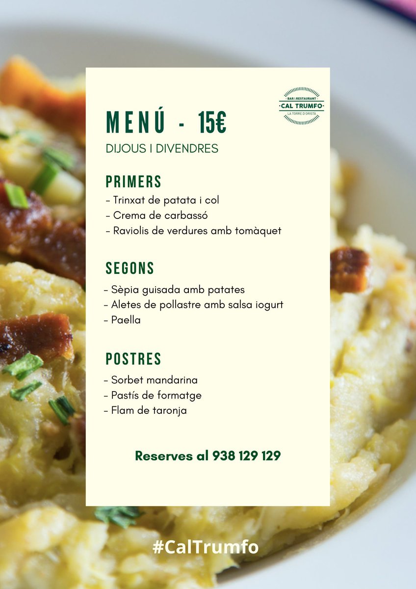 Menú d’avui i demà a Cal Trumfo!💚

Ens veiem aquesta setmana? 
Reserves al 938 129 129 📞

#CalTrumfo #restaurant #Lluçanès