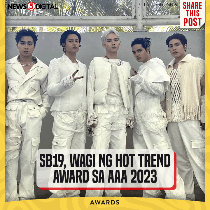 News5PH's tweet photo. CONGRATULATIONS, SB19!

Wagi ang P-pop kings #SB19 ng Hot Trend Award sa #AsiaArtistAwards2023!

Kasama nilang nanalo sa award sina Lim Young-woong., Ahn Hyo-seop, Lee Jun-ho, at #NewJeans. #AAA2023inPH #News5 https://t.co/dFB2lhzoHf