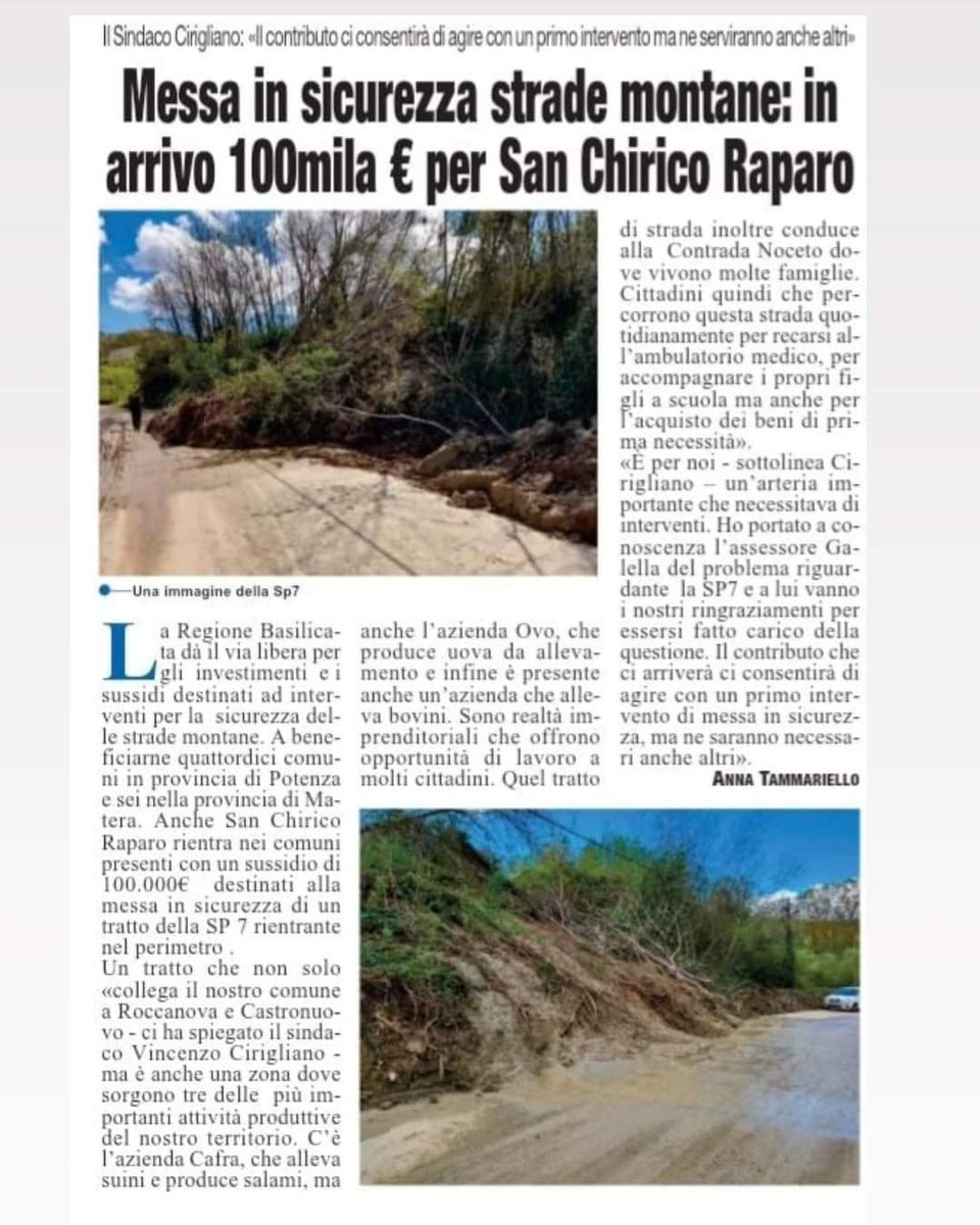 SChiricoRaparo's tweet photo. Il sindaco annuncia "100.000 euro assegnati dalla Regione Basilicata a San Chirico Raparo.
Primo intervento di messa in sicurezza sulla sp7 km 45+500 interessata da movimento franoso.
Ringrazio l'Assessore Galella per la sensibilità dimostrata.  #Basilicata #regionebasilicata https://t.co/Ww9n6WsxdI