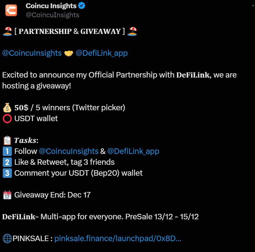 DefiLink_app's tweet image. NEW PARTNERSHIP AND NEW CONTEST!
Firstly, congratulate us on our new partnership with Coincu Insights! We're thrilled to be on the same wavelength.
And we've launched a contest. Want to participate? Then follow the link, all the details are in the post!
📌…