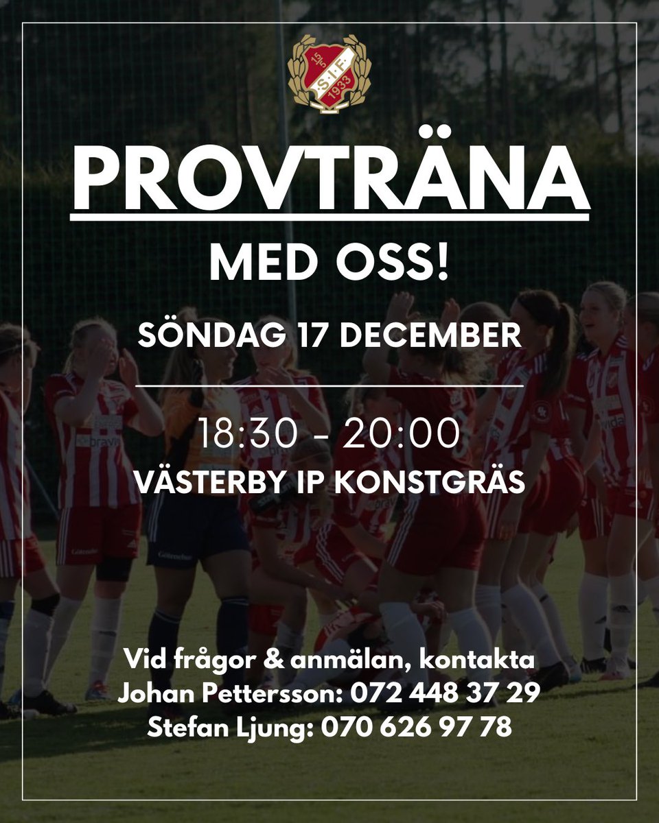 Kom &amp; provträna med oss!⭐️

Sils if dam bjuder in till en öppen provträning, nu på söndag den 17 december. 
Klockan 18:30 - 20:00 på Västerby IP konstgräs!⚽️

Kontakta Johan eller Stefan vid frågor &amp; anmälan. 

Hoppas vi ses på söndag!🙌🏼
❤️🤍