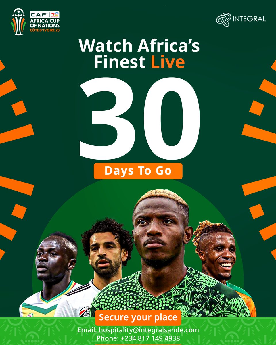 IntegralNXT's tweet photo. Catch Africa's finest players LIVE in Côte d'Ivoire from January 13 - February 11, 2024.

Enhance your AFCON with exclusive Hospitality. Ready for kickoff? Email us or DM to uncover more and secure your spot.

#totalenergiesafcon2023 #AFCON2023 #SportsHospitality #Integral https://t.co/xQOBfaIRJ0