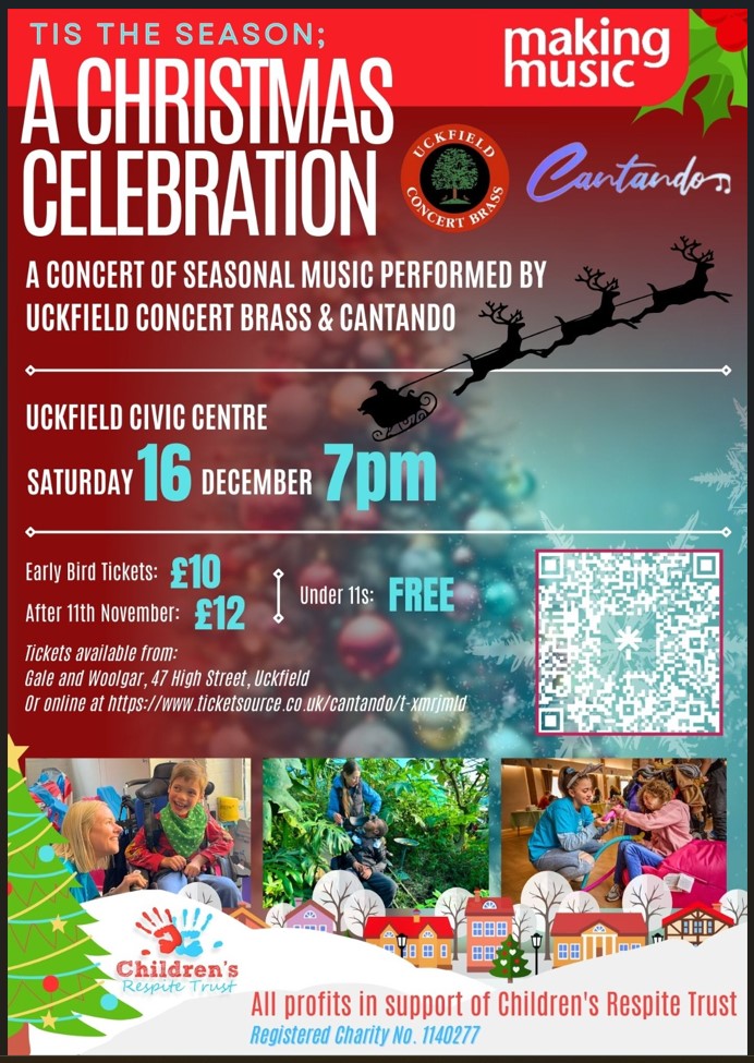 Just three days to our charity Christmas concert with Cantando in Uckfield Civic Centre in aid of the Children's Respite Trust. Join us on Saturday 16 December for A Christmas Celebration - a festive celebration of brass and choral music.
More details: uckfieldconcertbrass.com/.../uckfield-c…