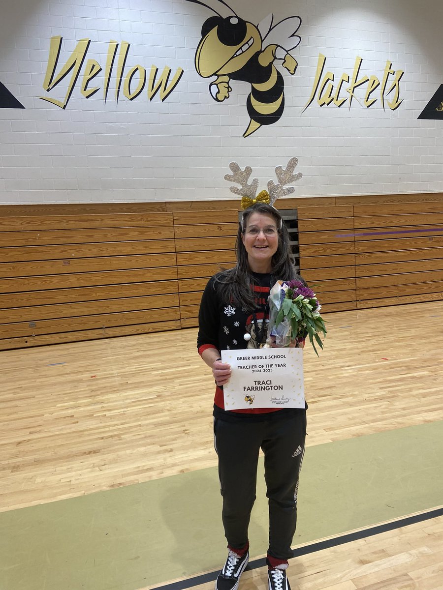 Traci Farrington was recognized as the 2024-2025 Teacher of the Year for Greer Middle School.  Her fellow colleagues recognized her as someone who goes above and beyond in contributing to our school and our community.  Congratulations, Mrs. Farrington!