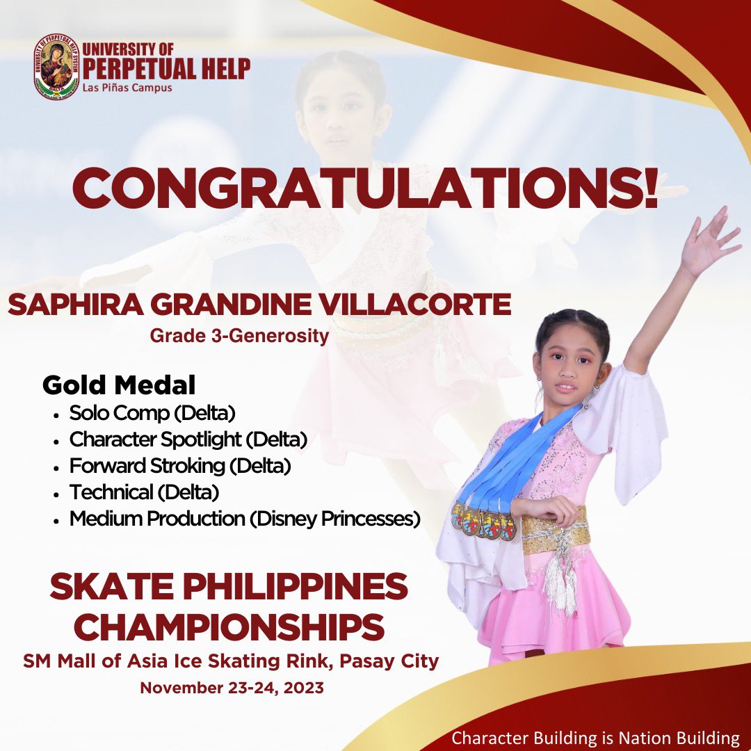 PerpetualLP's tweet photo. 🏅 Congratulations to Saphira Grandine Villacorte from Grade 3-Generosity for winning the Gold Medal at the Skate Philippines Championships held at SM Mall of Asia Ice Skating Rink, Pasay City on November 23-24, 2023! ⛸️ #ProudPerpetualite https://t.co/mtJJnt7Isx