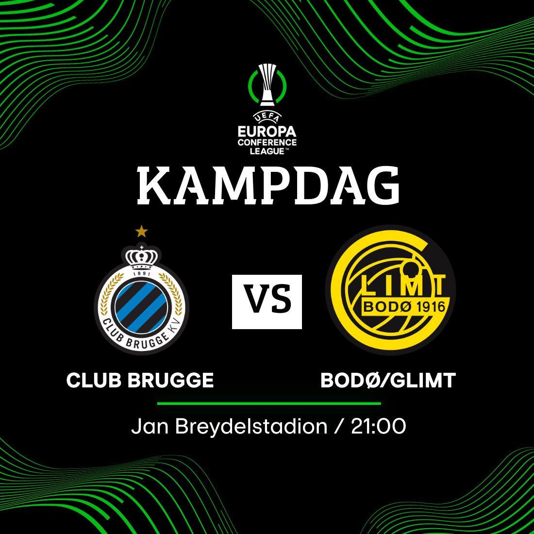 Glimt's tweet photo. 𝗞𝗔𝗠𝗣𝗗𝗔𝗚

🏆 UECL
🗓️ Kampdag 6
🆚 Club Brügge
🕘 21:00
🏟️ Jan Breydel stadion
📺 Tv3+
📻 Radio 3 Bodø https://t.co/RxSmbla1PZ
