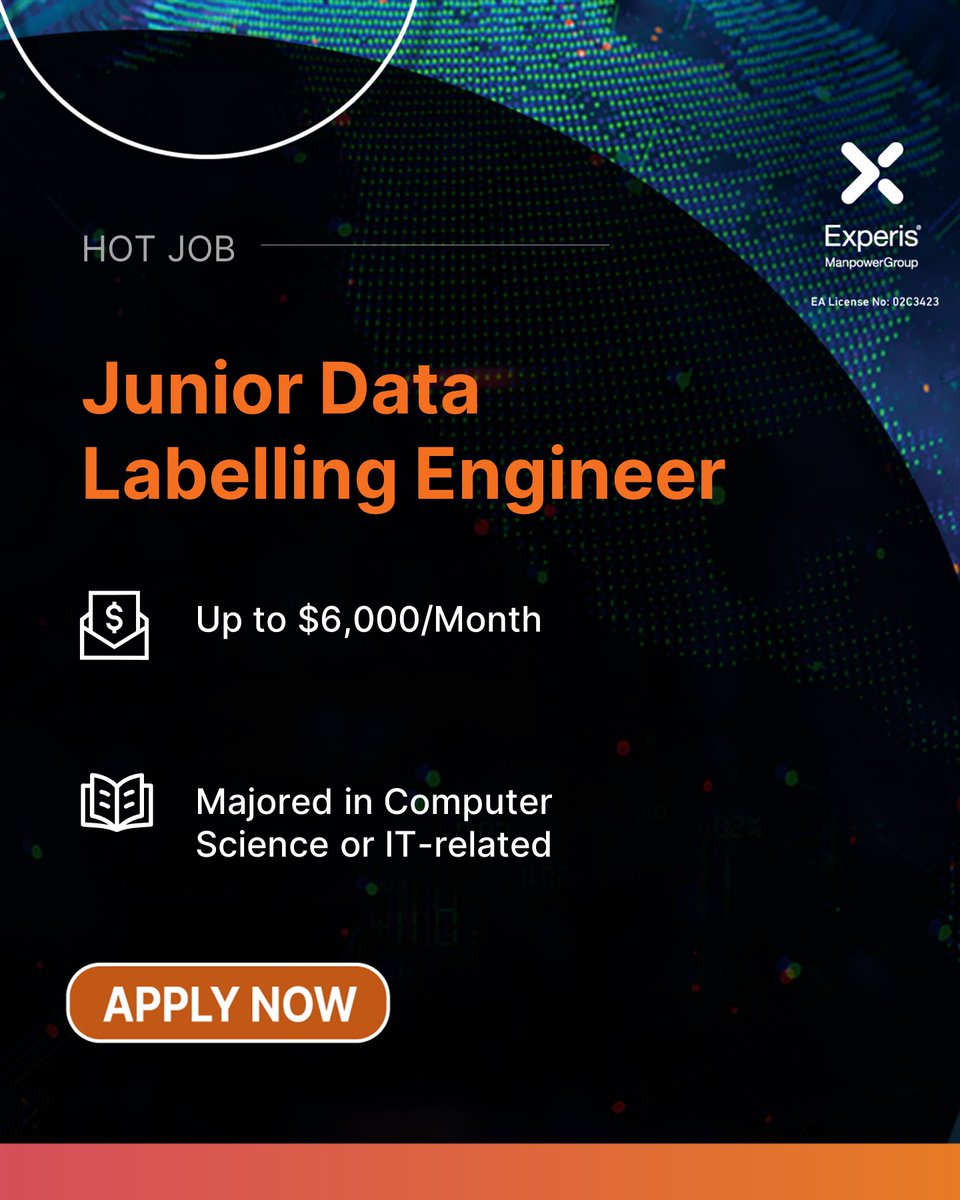 ExperisSG's tweet photo. 🔗𝙏𝙊 𝘼𝙋𝙋𝙇𝙔: https://t.co/37dkUDyWzJ

#Junior Data Labelling Engineer

 💰Up to $6,000/Month
➡️Majored in Computer Science / IT-related
➡️Knowledge of artificial intelligence &amp; machine learning.

#ExperisJobs #jobsearch #IT https://t.co/wS1Bsrt798