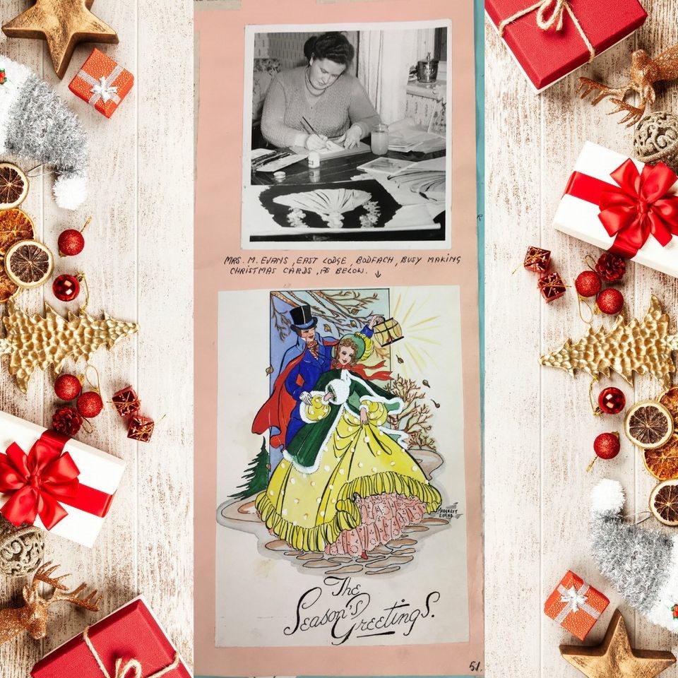 These Christmas cards were sold, with profits going to charitable organisations. This scrapbook contains many of the designs, and a photo of Mrs M Evans creating one of her cards. Do you make your own Christmas cards to get into the #HolidaySpirit? Item from Powys Archives.