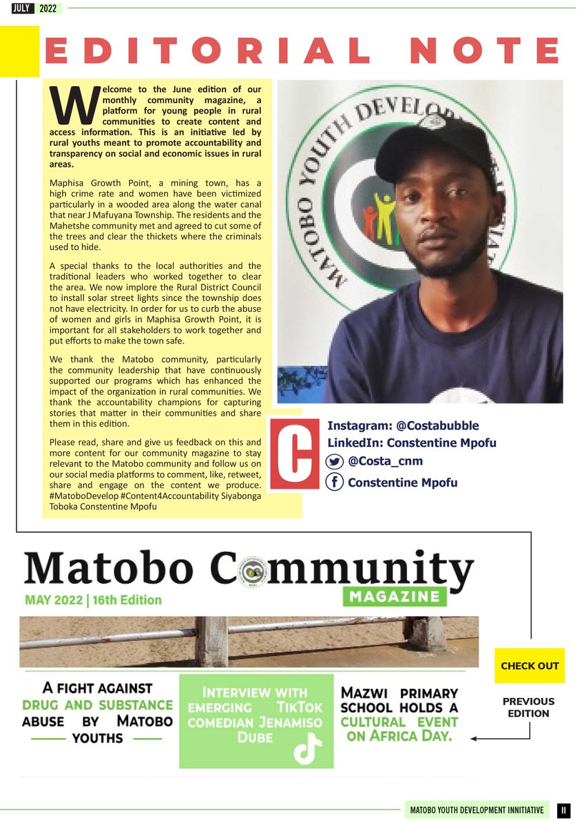 accountlabzw's tweet photo. Check out #Content4Accountability a campaign championed by @MatoboYouth. The Campaign disseminates information about local accountability & is produced by gender and advocacy champions.
Young people also produce Matobo Community Magazine discussing local accountability topics.
#AccountLabZW
#WeMakeGovernanceWorkForThePeople