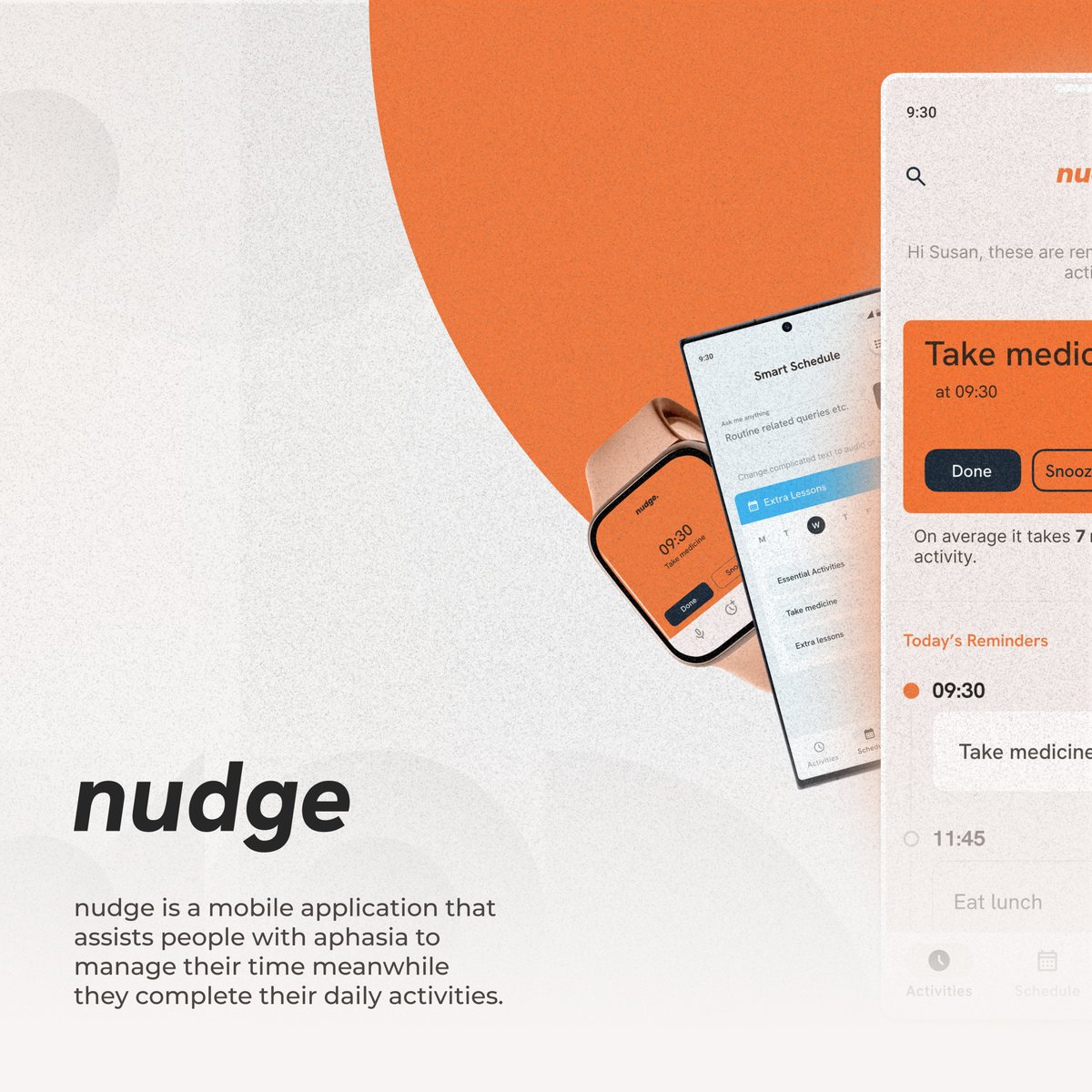 engxima's tweet photo. Nudge (2023) 🚀
My Term 2 app that assists people with Aphasia, manage time and tasks, that's accompanied bya smart watch interface. 

Users can track task time with Reactive Reminders and plan realistically, use Auto Scheduler to set goals and generate a fitting schedule. https://t.co/prch96cujp