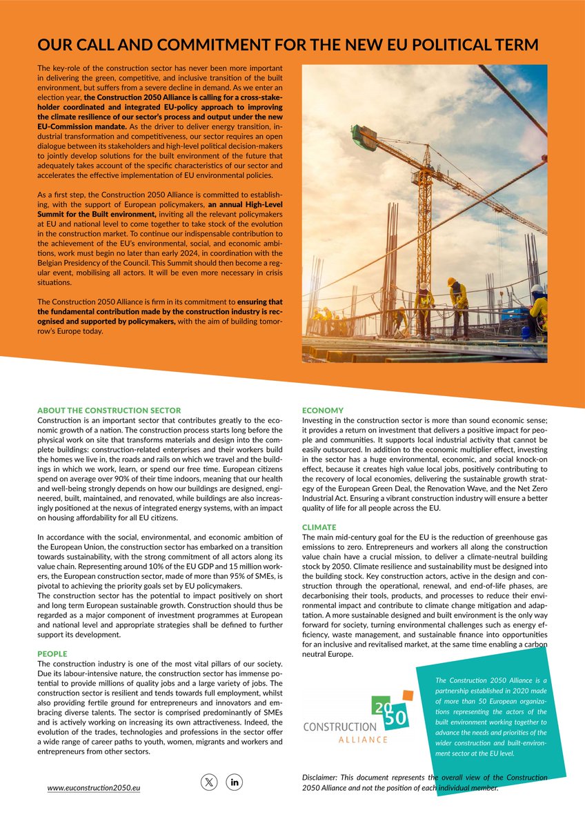 🚨 🏗 <a href="/ConstructEU2050/">Construction 2050 Alliance</a> has published its 'Call and commitment for the new EU political term', reminding how fundamental the #construction industry is to the EU's competitiveness and the key role it has to play in delivering the green, competitive and inclusive transition of the