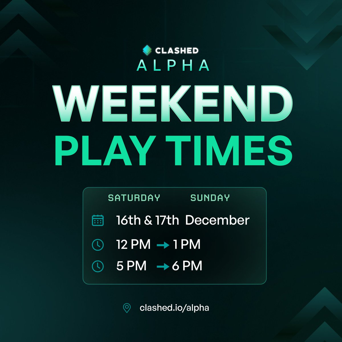 ClashedGame's tweet photo. Weekend Tournament Times 👾

Our 12-3PM UTC weekday tournament will change for the weekend ahead into two separate play windows.

Two shorter bursts of fun filled competition. We hope those of you in later timezones can join us 🫡

Our NFT prizes + $250 are up for grabs today💎