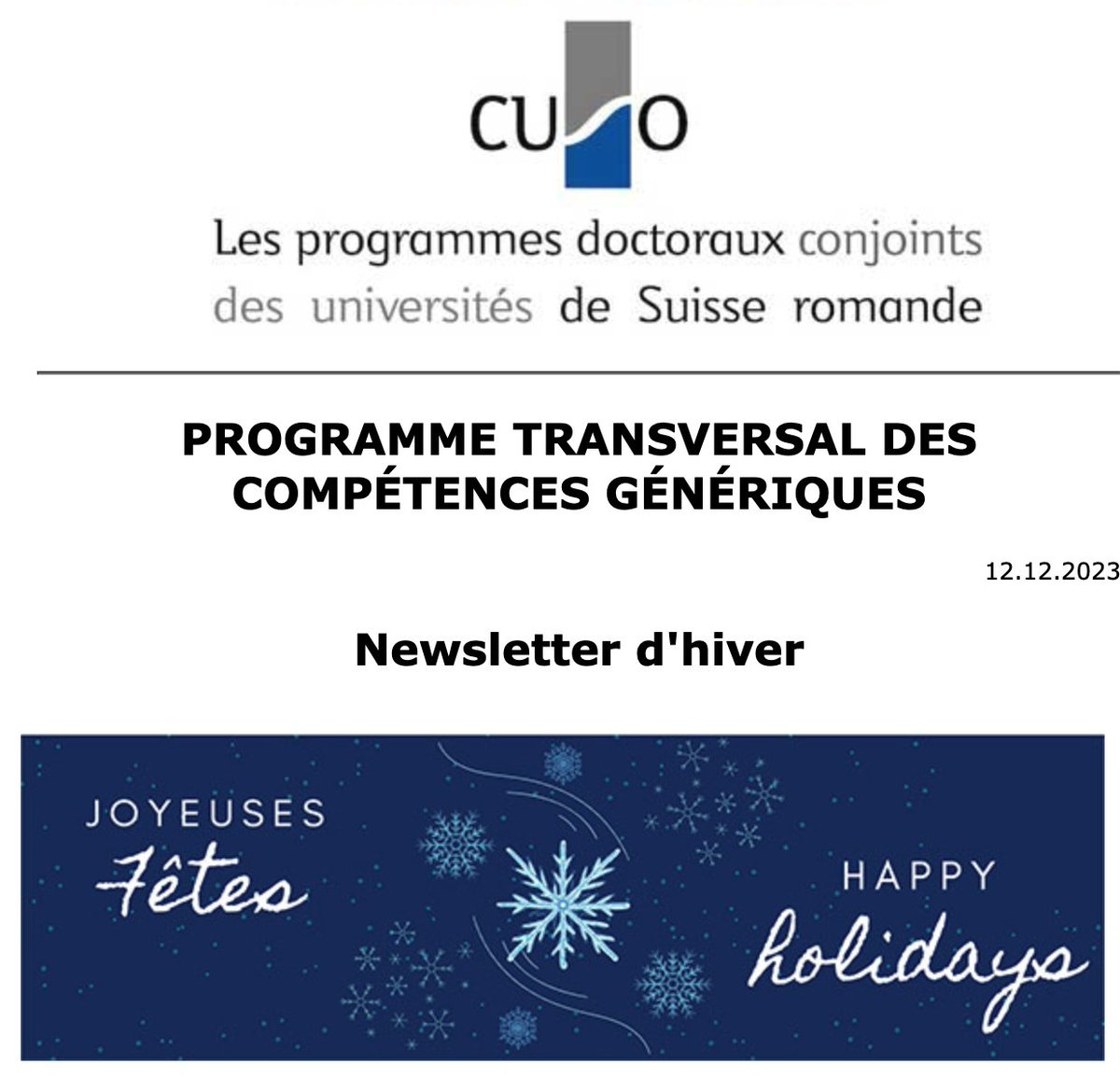CUSO (@cuso_phd) on Twitter photo Notre #newsletter de fin d'année est arrivée!
📰📷cuso.ch/newsletter/CUS…
Vous y découvrirez l'offre du programme transversal
<a href="/cuso_skills/">CUSO Competences</a>, une grande nouvelle à propos de la <a href="/hes_so/">HES-SO</a>, une invitation à publier dans notre blog & quelques informations à propos du concours <a href="/MT180ch/">MT180 Suisse</a>! Notre #newsletter de fin d'année est arrivée!
📰📷cuso.ch/newsletter/CUS…
Vous y découvrirez l'offre du programme transversal
<a href="/cuso_skills/">CUSO Competences</a>, une grande nouvelle à propos de la <a href="/hes_so/">HES-SO</a>, une invitation à publier dans notre blog & quelques informations à propos du concours <a href="/MT180ch/">MT180 Suisse</a>!