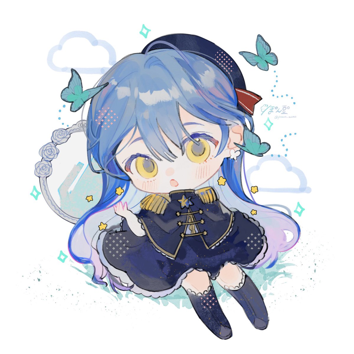 1girl chibi solo blue hair yellow eyes butterfly long hair  illustration images