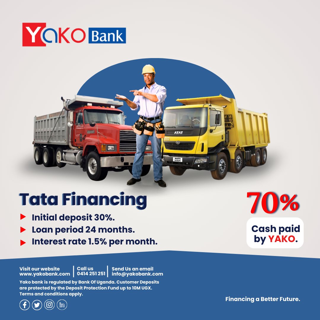 YakoBankUG's tweet image. Access up to 70% cash financing top-up on the Tata truck of your choice from Yako Bank and pay later‼️
For any inquiries call our team on 0742128024

#assetfinancing #vehicleloans #Yakobank #Financingabetterfuture