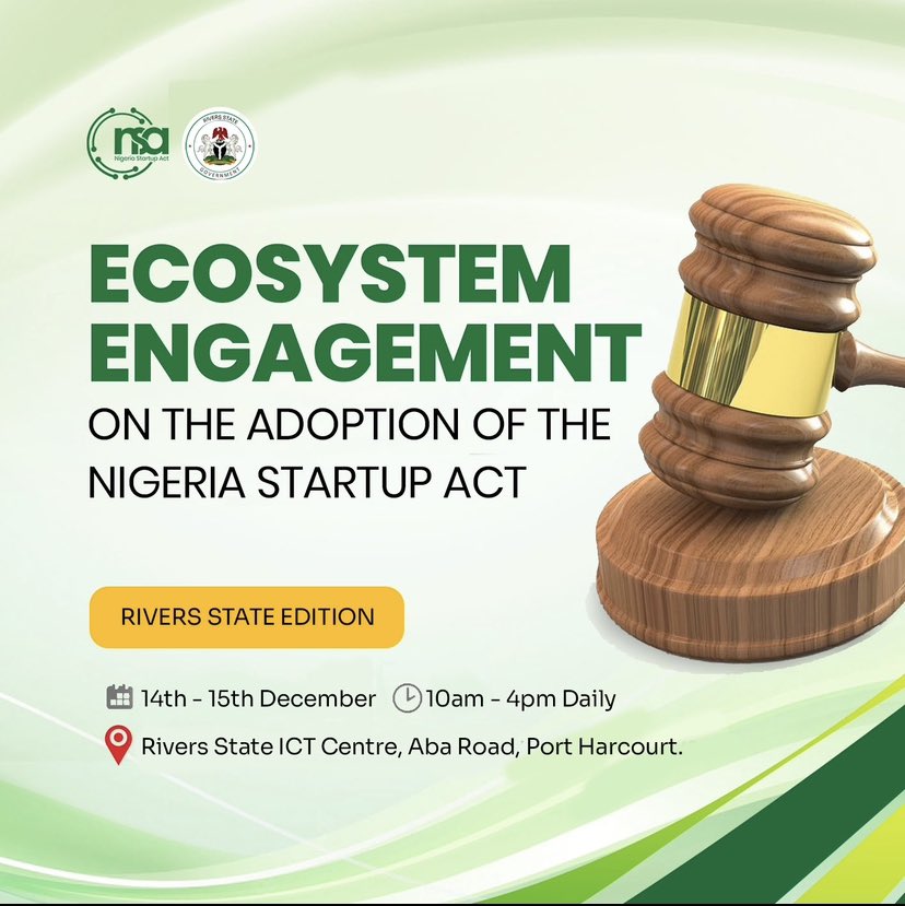 Rivers state is embracing progress in  innovation and entrepreneurship with the adoption on the Nigeria Startup Act - (NSA). 

Are you from or in Rivers state? 
Let’s embrace progress together!! 

#riversadoptstheNSA