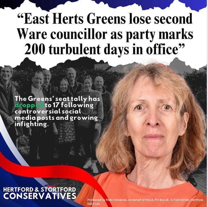 East Herts Greens lose their second Ware councillor as they mark 200 turbulent days in office!