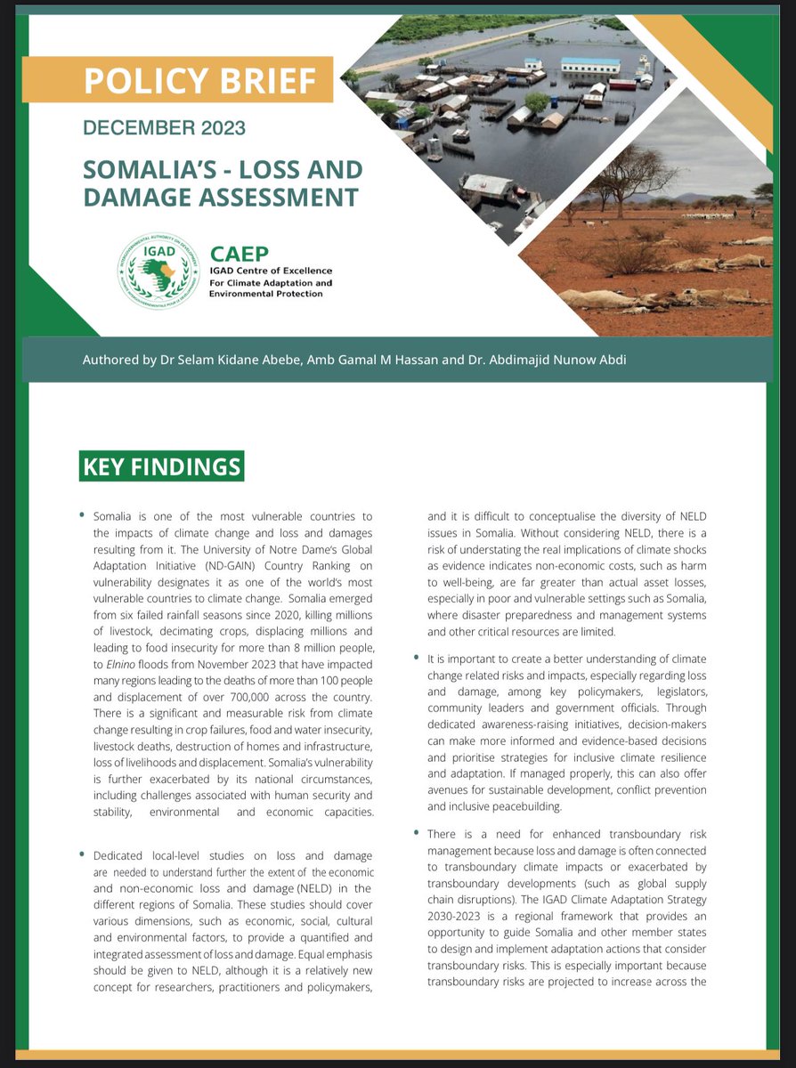 Following the launch of the Loss & Damage Fund @COP28_UAE, we were happy to announce the release of a policy brief on 🇸🇴's Loss & Damage during the Conference. It is part of a comprehensive report due to be launched in Feb 2024, assessing both economic & economic Loss &Damage 1/2
