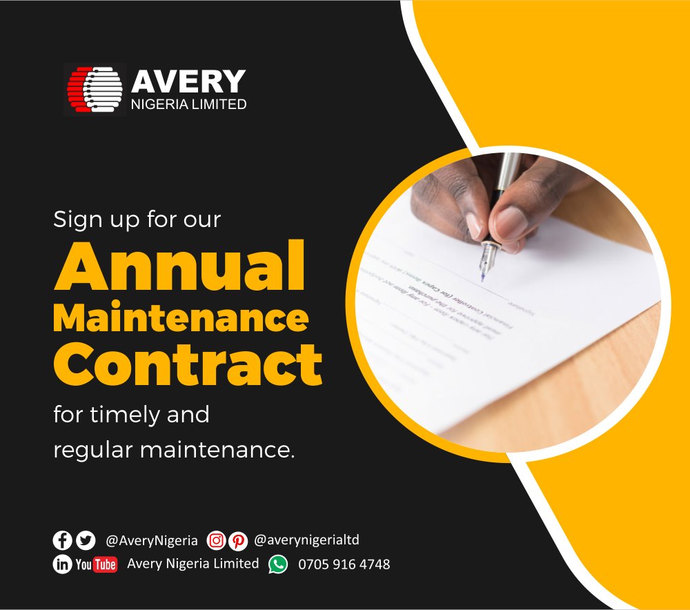AveryNigeria's tweet photo. Sign Annual Maintenance Contract (AMC) with us today, and enjoy discounted prices on our products and services.
☎️07059164748
✉️customerservice@averynigeria.com
#services #aftersales #repairs #weighingscale #codingmachines #weighbrigde #lasermachine #spares https://t.co/cilpG5OZNC