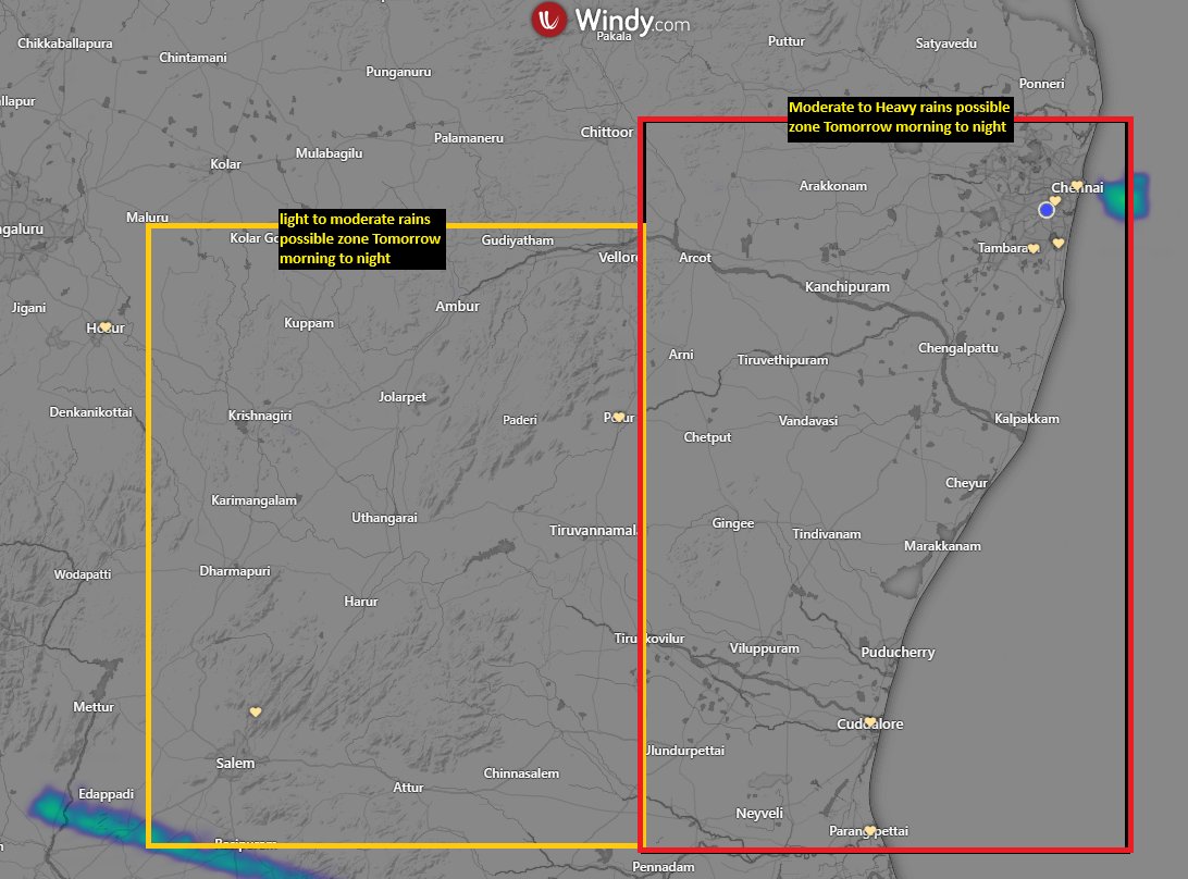 RainStorm_TN's tweet photo. Tomorrow morning to night: There is a chance of heavy rains over the #Chennai city circle, or from south #Chennai, #Kanchipuram, #Chengalpattu to #Cheyur, #Marakanam, #Pondy stretch. If the rains are heavy, there will be waterlogging, but not to the extent seen during the rains from December 3-5.
Parts of North interior are likely to experience light to moderate rains tomorrow.
The rest remains the same as the morning post, where south TN and Delta will be the hotspot.