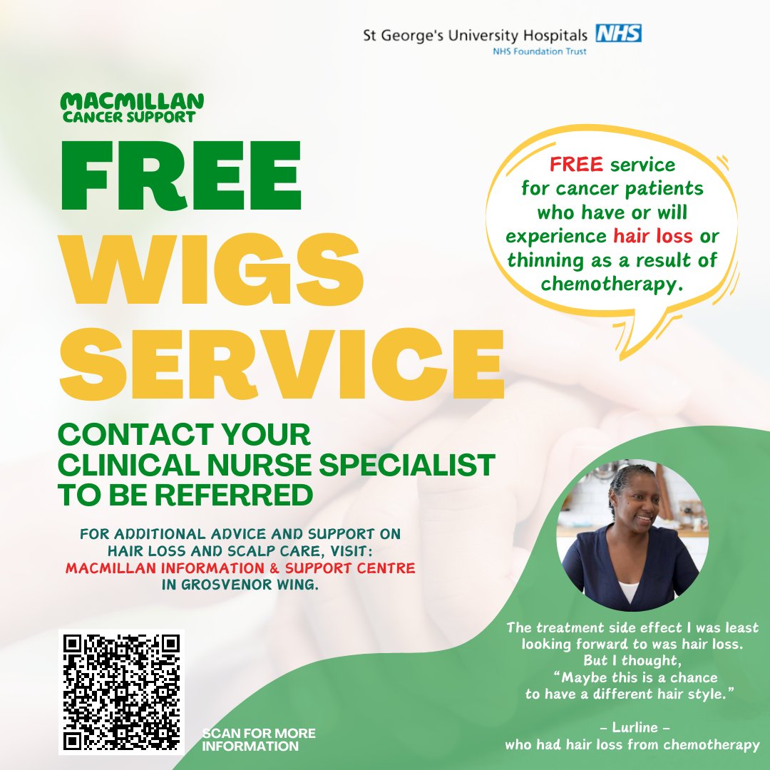 Cancer treatments can affect your hair in various ways. But if you do lose your hair, we provide free wigs service. Please contact your specialist nurse to be referred or visit the Macmillan Information and Support Centre for more guidance. We are here to help🙌