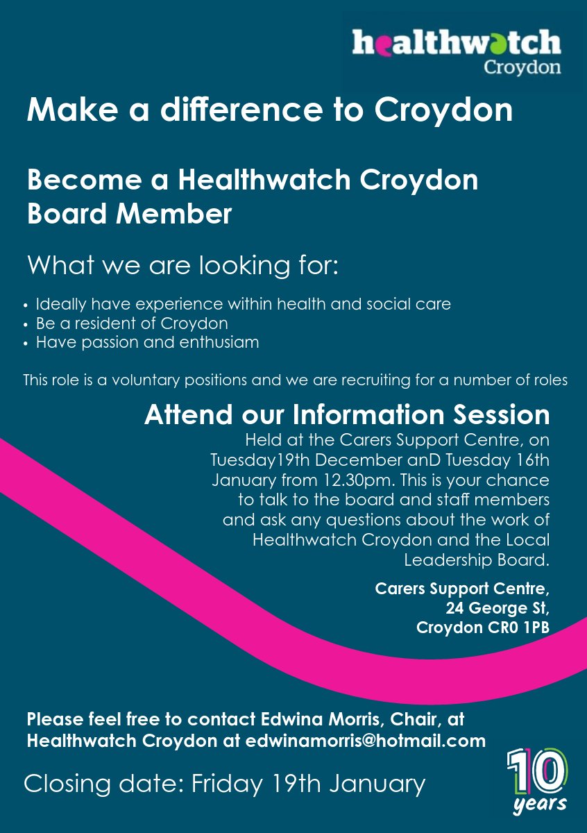 Become a board member with Healthwatch Croydon, find out more at our information session on the 19th Decemebr and 16th of January.