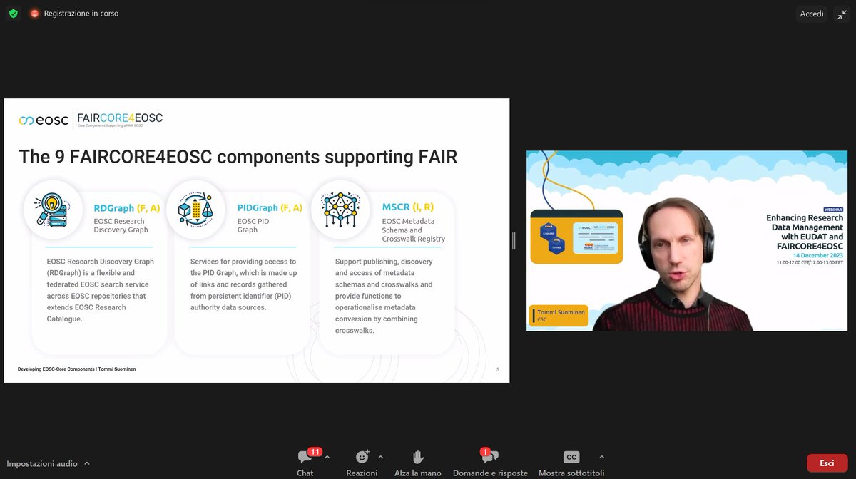 🎯 Tommi Suominen from @CSCfi will provide a comprehensive overview of @FAIRCORE4EOSC , presenting the nine components supporting FAIR principles. 🌐 Are you interested? Join us here. faircore4eosc.eu/events/enhanci…