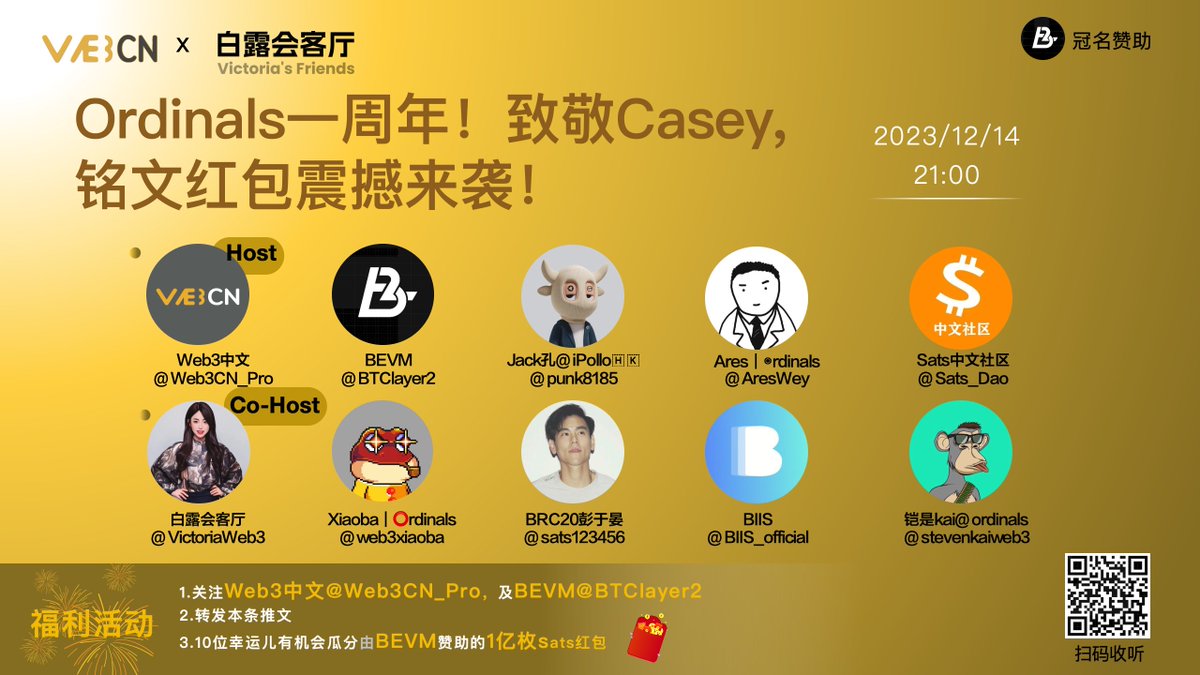 Web3CN_Pro's tweet photo. 🌟【快闪Space】ordinals一周年！致敬Casey，铭文红包震撼来袭！
🌟【Topic】：
1⃣️ordinals为btc生态带来了什么？
2⃣️BRC20的发展与未来
3⃣️铭文红包将带来什么？
4⃣️寻找下一个ordi/sats
5⃣️BRC20铭文社区团结起来！
✨【Guest】👇
@btclayer
@VictoriaWeb3 
@Stevenkaiweb3 
@punk8185
@web3xiaoba
@AresWey
@Sats_Dao 
@BIIS_official 
@bs8295
✨特别鸣谢@BTCLayer2 项目 #bevm 对本次活动的大力赞助！ BRC20铭文社区燥起来吧！