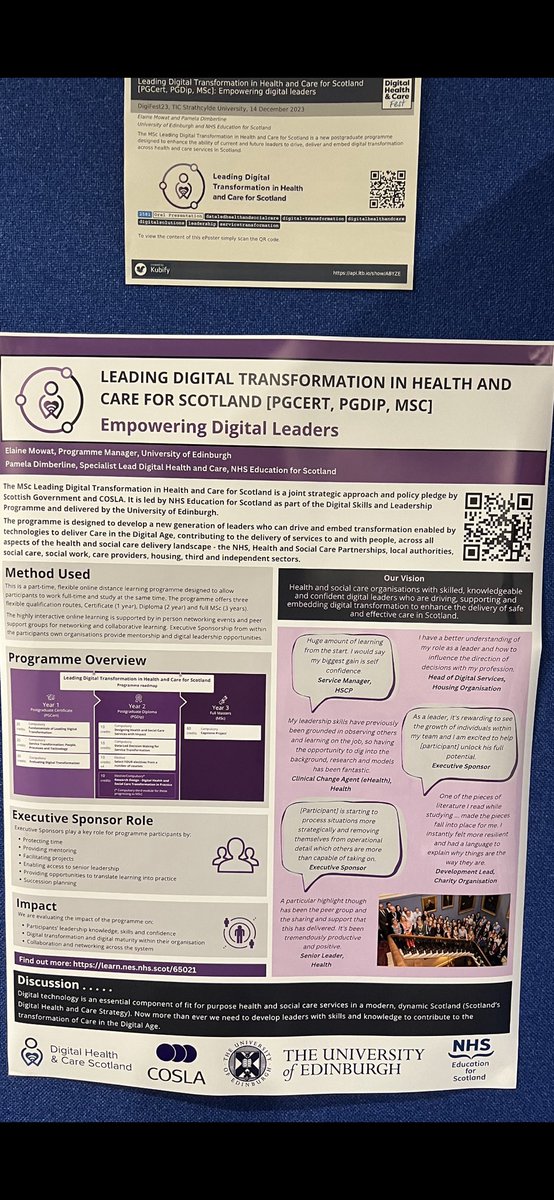 Leading Digital Transformation in Health and Social Care Postgraduate programme! Find out more #DigiFest23 poster presentation <a href="/nes_dew/">Digitally Enabled Workforce Team - NES</a> <a href="/EdinUniUsher/">Usher Institute</a> ⬇️