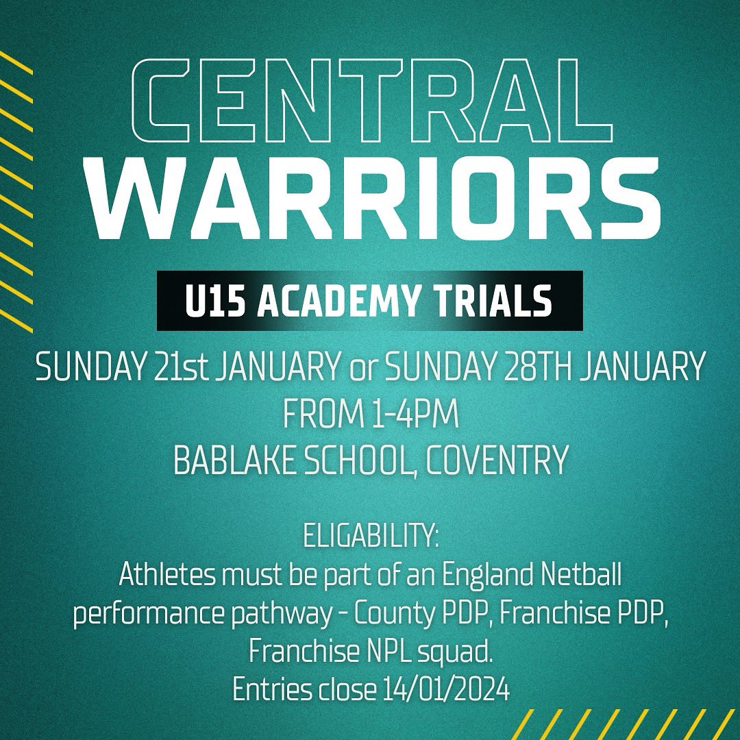 U15 Academy Trials are now live!

Link to sign up here 👉 netballtrials.com/clubs/central-…

Please check eligibility before registering. Athletes need to attend ONE trial date only!