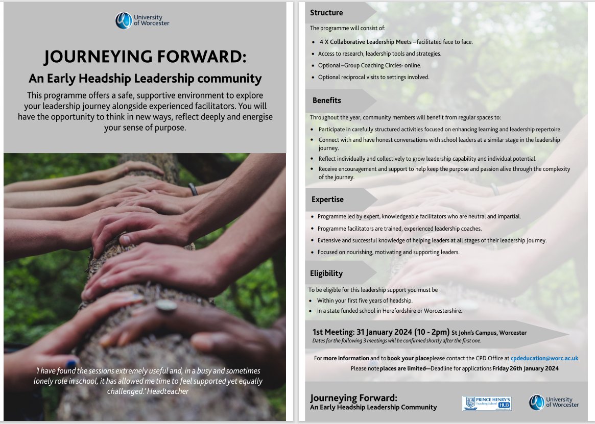 Are you new to #headship? Are you working in #Worcestershire or #Herefordshire? Then this opportunity is for you - Join this fully funded Early Headship Leadership Community - Note places are limited. First meeting 31st January 2024