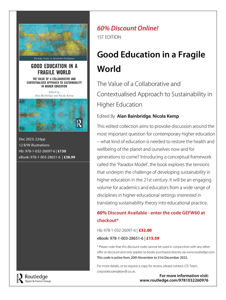 Alan Bainbridge (@bainbridge_edu) on Twitter photo Good Education in a Fragile World - a bit late for COP28 but just in time for a holiday read
<a href="/CCCUArtsHumsEd/">CCCU Arts, Humanities & Education</a> <a href="/CCCUSCN/">CCCU Sustainability</a> <a href="/qmueducation/">@QMUEducation</a> <a href="/LFSscotland/">Learning for Sustainability Scotland</a> <a href="/AdvanceHE/">Advance HE</a> <a href="/theEAUC/">EAUC</a> <a href="/EdScotLfS/">EdScot LfS</a> <a href="/SchumacherColl/">Schumacher College</a> <a href="/SEEducating/">Sustainability & Environmental Education (SEEd)</a> <a href="/CEMUSUPPSALA/">CEMUS</a> <a href="/Resurgence_mag/">Resurgence Trust 🌎</a>
#HE #Sustainability Good Education in a Fragile World - a bit late for COP28 but just in time for a holiday read
<a href="/CCCUArtsHumsEd/">CCCU Arts, Humanities & Education</a> <a href="/CCCUSCN/">CCCU Sustainability</a> <a href="/qmueducation/">@QMUEducation</a> <a href="/LFSscotland/">Learning for Sustainability Scotland</a> <a href="/AdvanceHE/">Advance HE</a> <a href="/theEAUC/">EAUC</a> <a href="/EdScotLfS/">EdScot LfS</a> <a href="/SchumacherColl/">Schumacher College</a> <a href="/SEEducating/">Sustainability & Environmental Education (SEEd)</a> <a href="/CEMUSUPPSALA/">CEMUS</a> <a href="/Resurgence_mag/">Resurgence Trust 🌎</a>
#HE #Sustainability