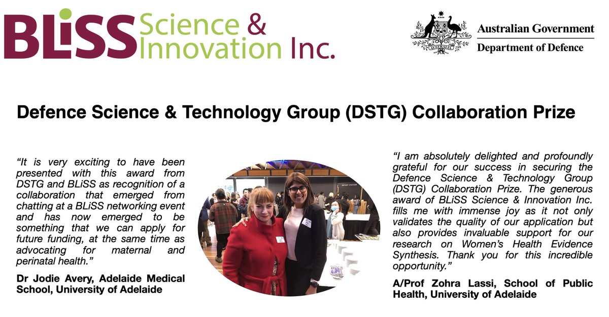 Delighted to announce @Jodie_Avery and @ZohraLassi as the BLiSS @DefenceScience collaboration prize winners! We were so impressed with the application that management committee voted to match the $2000 prize! Congratulations 🎉 look forward to seeing this collaboration prosper!