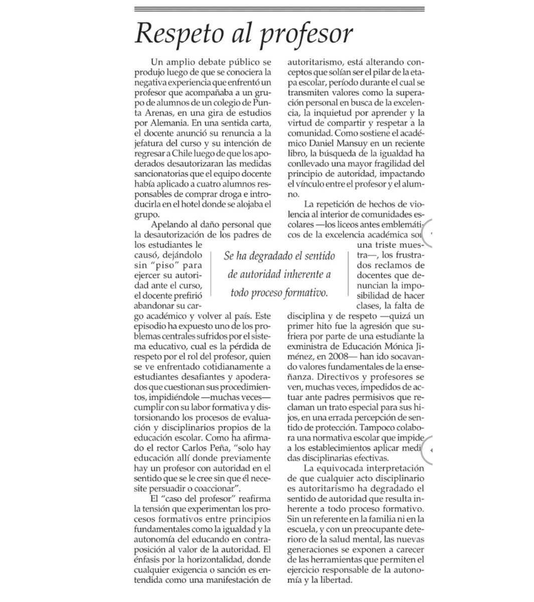 franfigueroapyl's tweet photo. Difícilmente tendremos más docentes si no se apoya la necesaria autoridad que requieren para ejercer su labor.  El igualitarismo promovido a través de "escuelas democráticas", se quiera o no, termina por minar la autoridad de quienes enseñan. https://t.co/JzHvEU0gbd