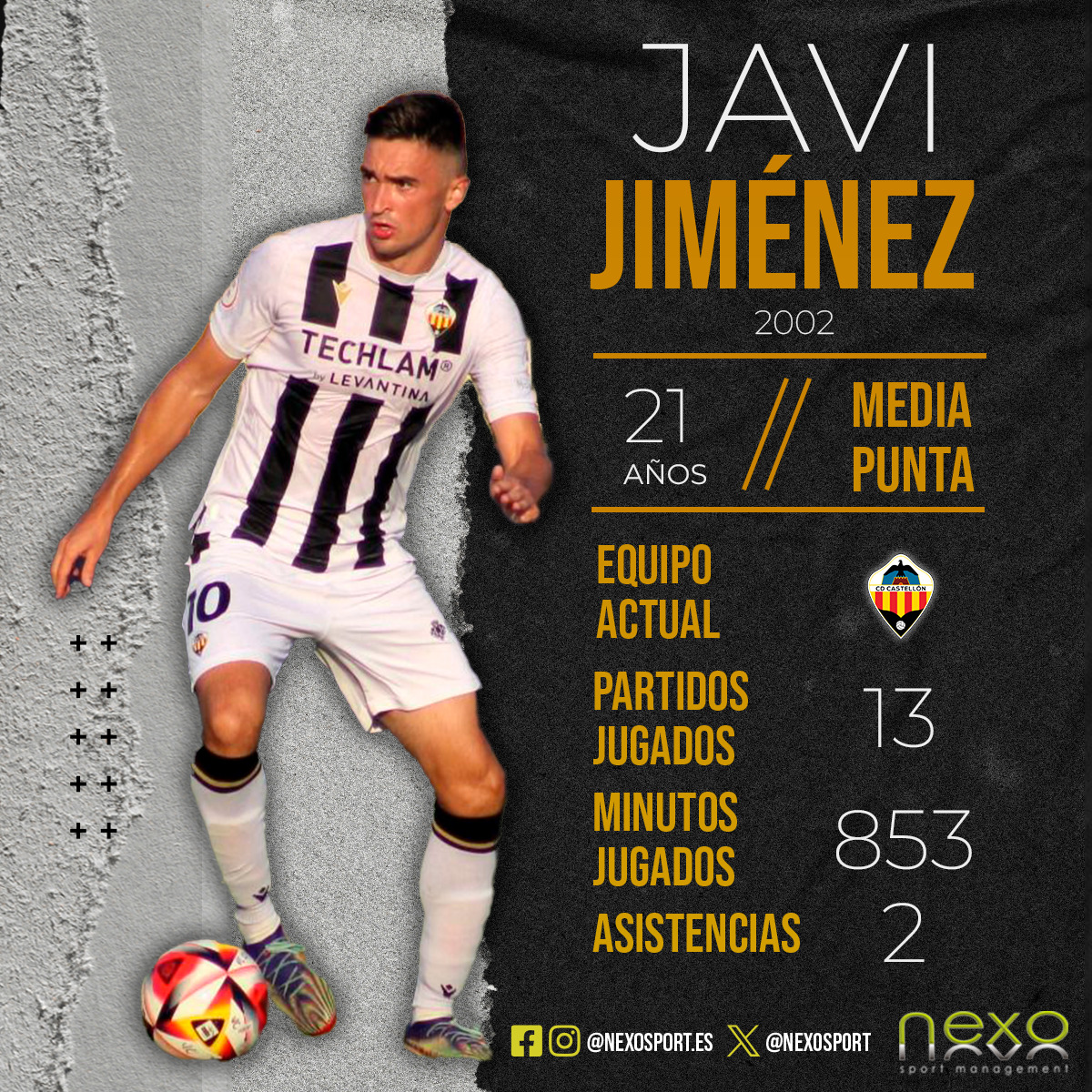 📈 Datos de nuestro jugador Javi Jiménez en el @cdcastellon de #3RFEF 😉

⚽️ 13 partidos jugados
⏱️ 853 minutos disputados
➕ 2 asistencias

✅ Cifras excelentes para un mediapunta que destaca en el rigor táctico y que goza de un magnífico trato de balón.