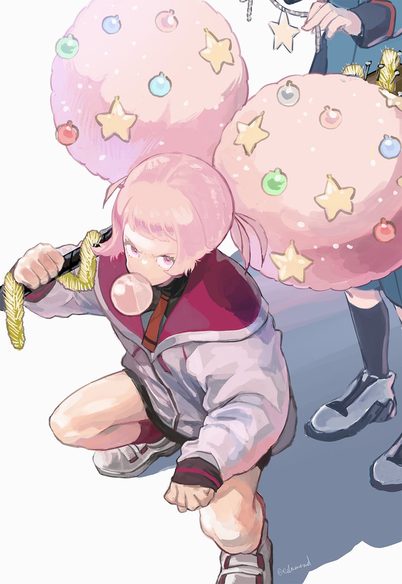 asticassia school uniform chewing gum multiple girls bubble blowing school uniform pink hair 2girls  illustration images