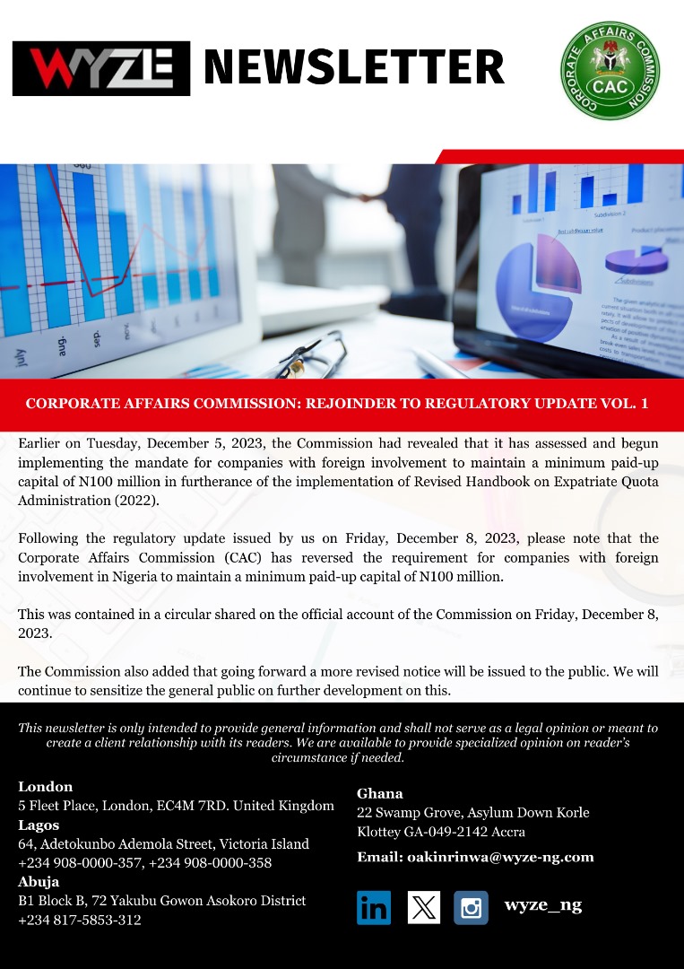 NEWSFLASH on the Regulatory Update Vol. 1 from the Corporate Affairs Commission. Stay informed and stay ahead!

 #RegulatoryUpdate #CorporateAffairsCommission