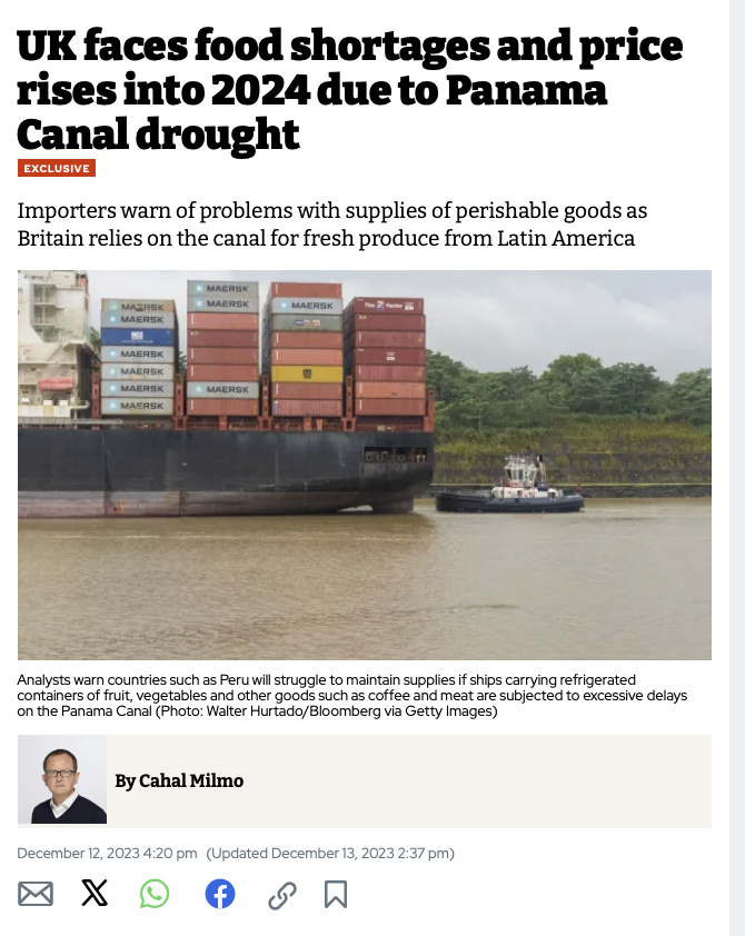Turns out shipping fresh fruit and veg from Peru to the UK via narrow and dry Panama Canal (instead of from own continent) might mean empty shelves Who knew ? 🤡