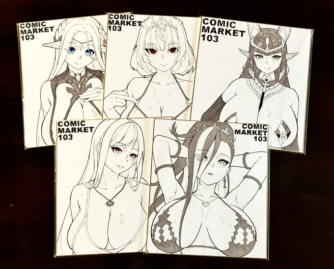 ラストオリジン直筆色紙まとめ  ティタニアフロスト 紅蓮 セクメト セレスティア アザズ  初めて色紙描いててすごく楽しかったけど、ふと気がついた。 5種類も描いたけど設営どうしよう😭  なんとかします!  #c103